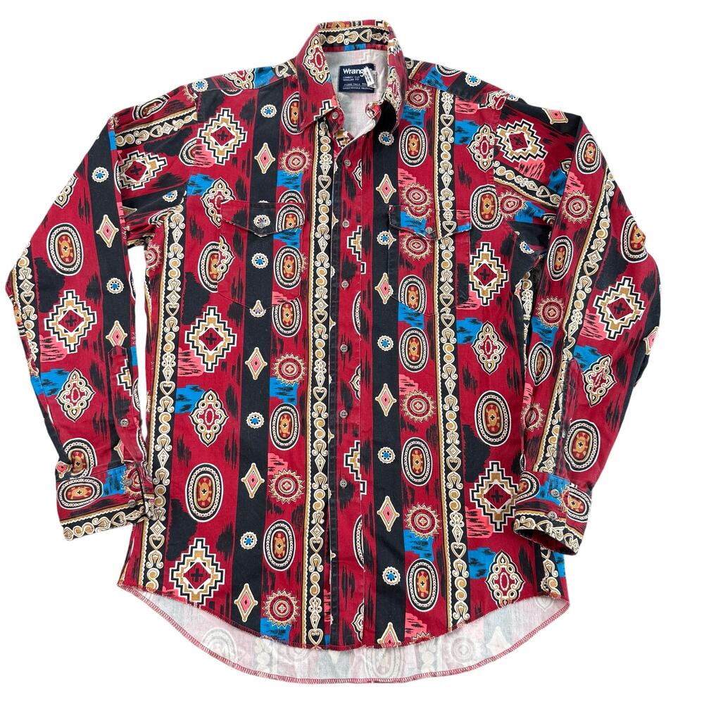 Wrangler 71135BR Men's Western Shirt Aztec Print Vintage USA 15.5
